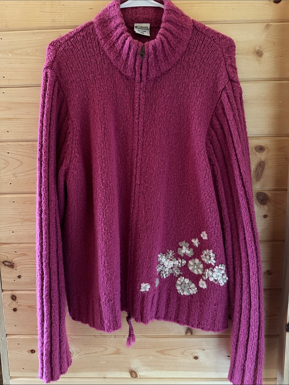 Columbia Women's Magenta Zip-Up Turtleneck Sweater with White Floral Accents